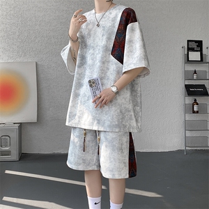 8XL-M民族风潮拼接休闲运动套装男夏季学生短袖短裤TZ38001P60图片