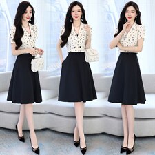 2022夏装新款气质淑女短款印花翻领上衣搭配半身裙两件套,女装套装/套裙,罗腾