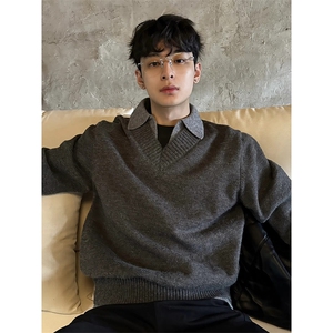 重磅北极绒假两件衬衫领毛衣美式高街复古休闲慵懒纯色翻领针织衫图片