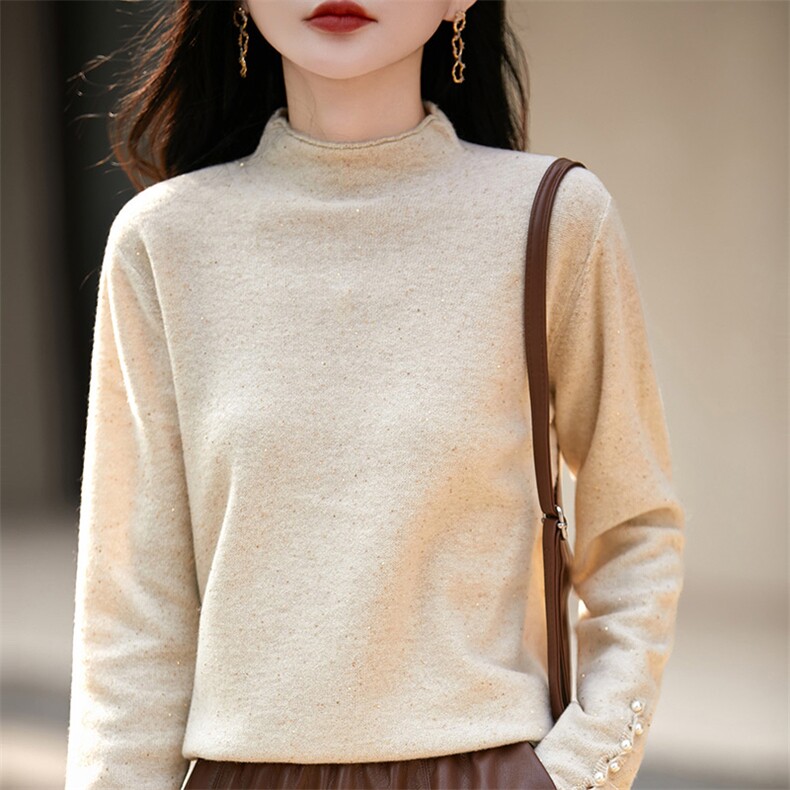 秋季新款纯色针织卷边半高领时尚百搭，女装羊毛衫，片语羊绒