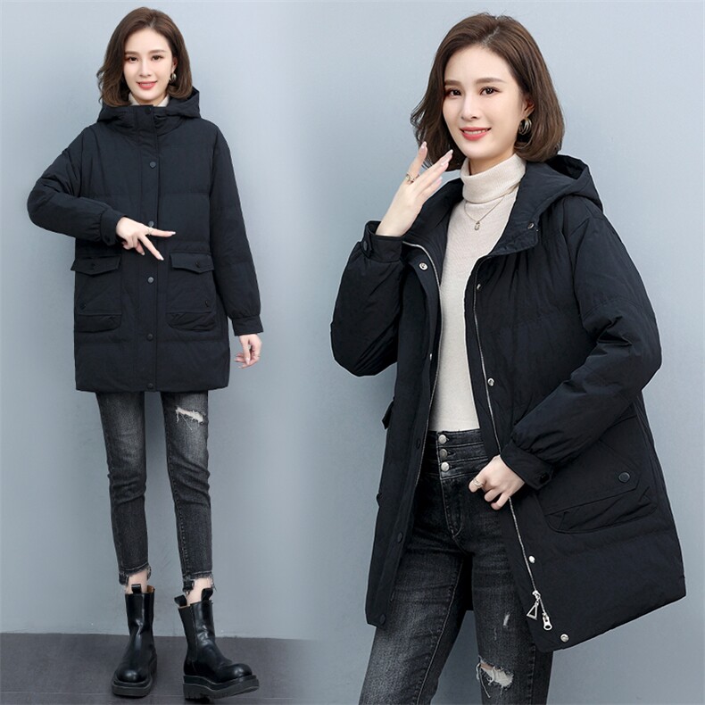 时尚保暖女士连帽羽绒服修身显瘦长款外套,女装羽绒服,文熹诺