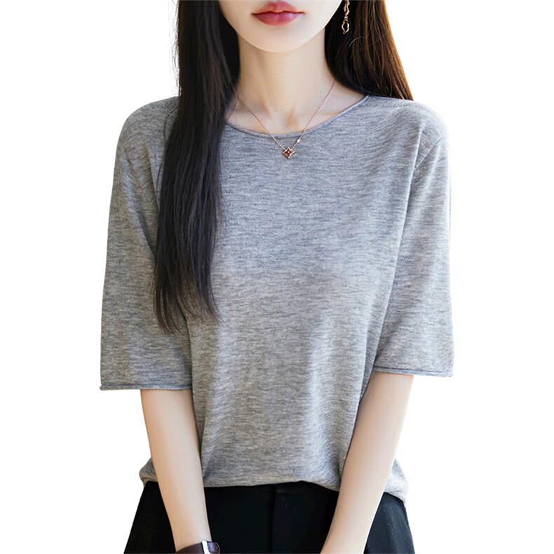 宽松薄款针织套头纯色半袖上衣女2025夏新款圆领卷边无缝中袖T恤,女装羊毛衫,臻维羊绒