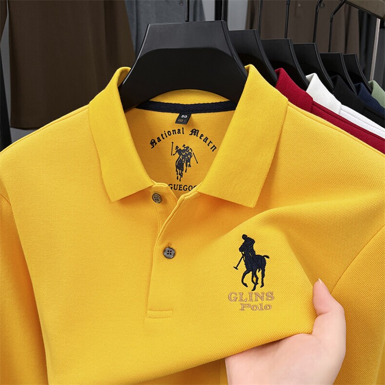 高端长袖t恤男秋冬新款黄色刺绣POLO衫中青年轻奢商务翻领上衣服,男装T恤,电商B212（原钱塘6029）