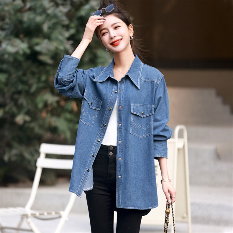 牛仔衬衣女早春秋欧货爆款2025新款设计感大码胖mm中长款衬衫上衣,女装衬衫,丽影随形