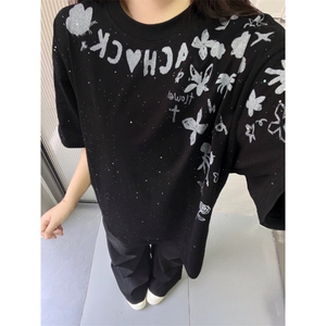 H0914-P35原版裁片印+大小烫金螺纹领+包边拉肩短袖T恤图片