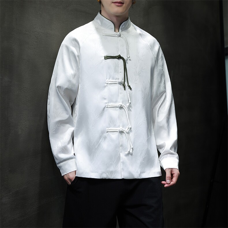 新中式春夏新品风竹叶绸缎提花长袖衬衫盘扣立领唐装31217图片