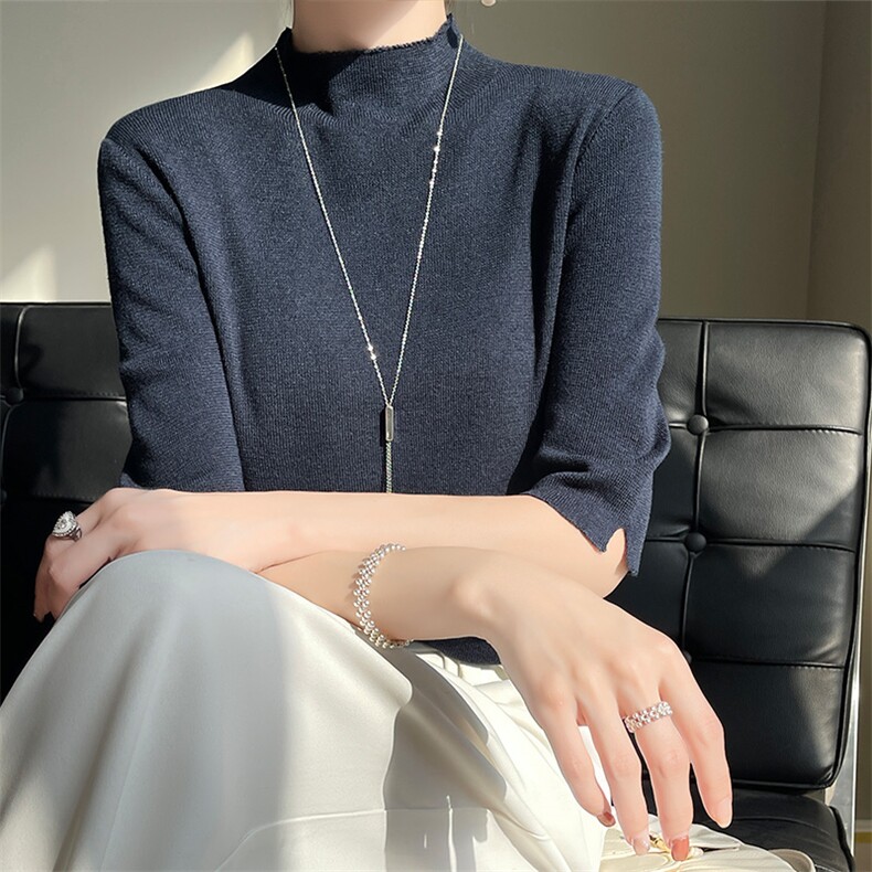 半高领短袖T恤女2024年夏季新款针织衫短款修身显瘦内搭,女装T恤,皓宇羊绒