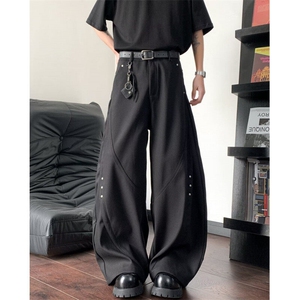 高级感铆钉cleanfit黑色弯刀西裤男女春款廓形慵懒阔腿休闲长裤子,西装马甲黑色短裤搭配图片