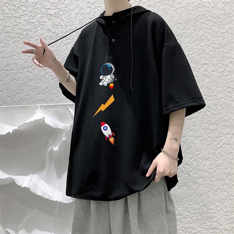 LD54165-P45连帽短袖t恤男大码胖子带帽五分袖中袖大皂风,男装T恤,电商A040