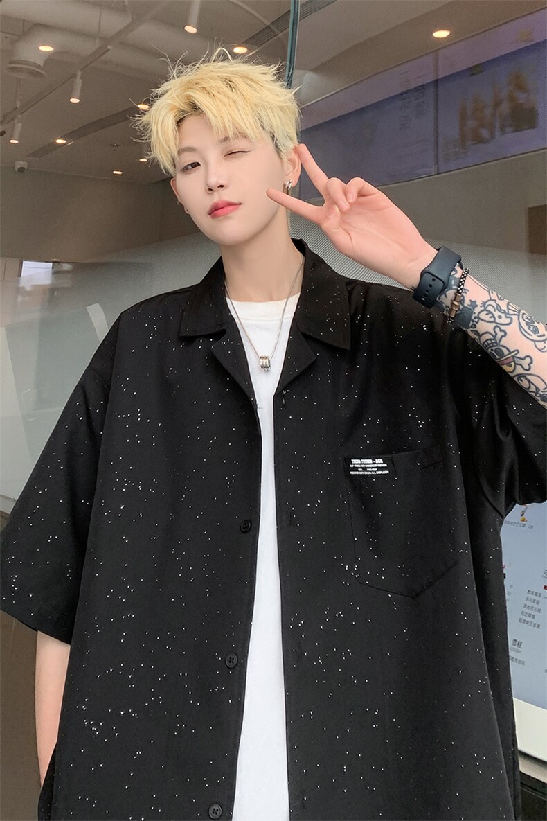 满天星夏季新款衬衣24港风男宽松短袖衬衫夏装半袖薄上衣S309P48,男装T恤,电商A233-1
