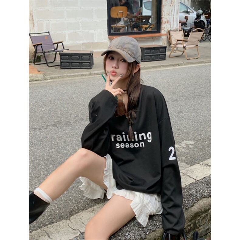 QC012-P55美式字母印花V领宽松T恤女早秋慵懒感休闲中长款上衣,男装T恤,星座617A-2