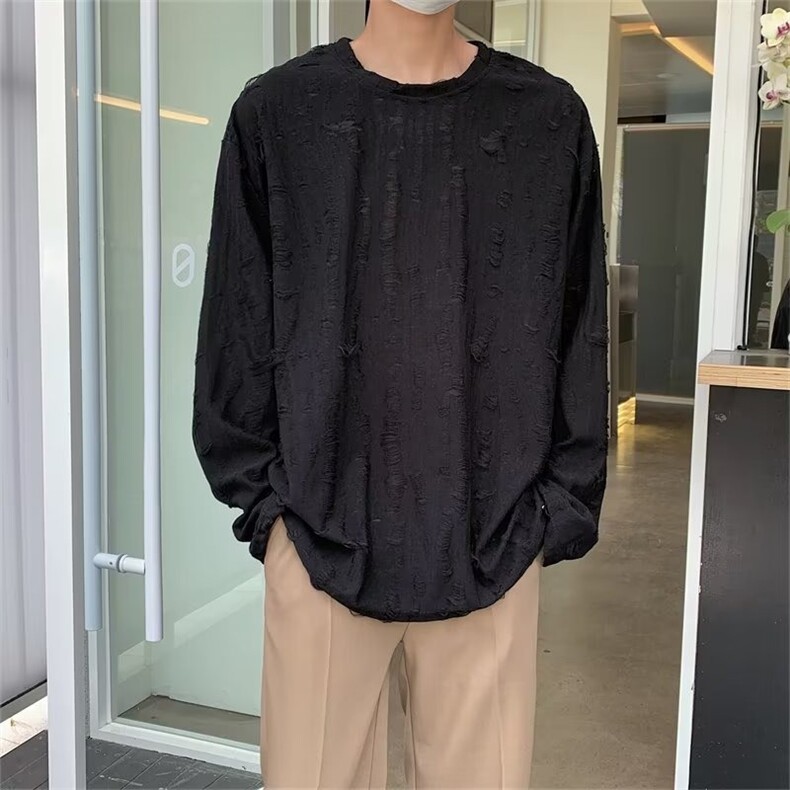 小众设计圆领破洞长袖男女复古做旧上衣禁欲系打底T恤t063P38,男装T恤,星座1013-1