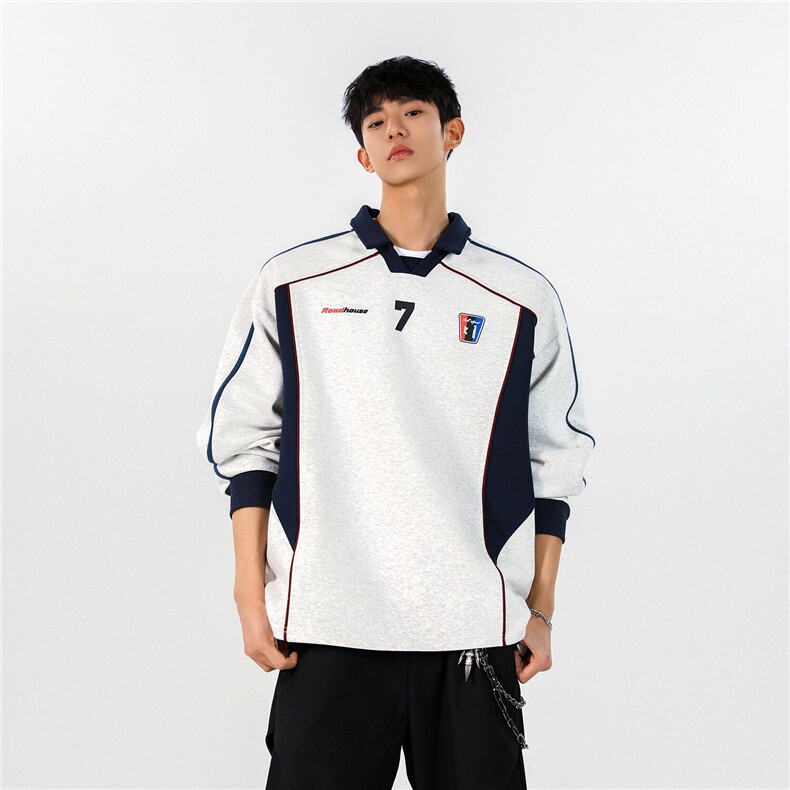 美式复古拼接设计感运动风polo领情侣卫衣宽松外套男H1059P68,男装卫衣,电商A341