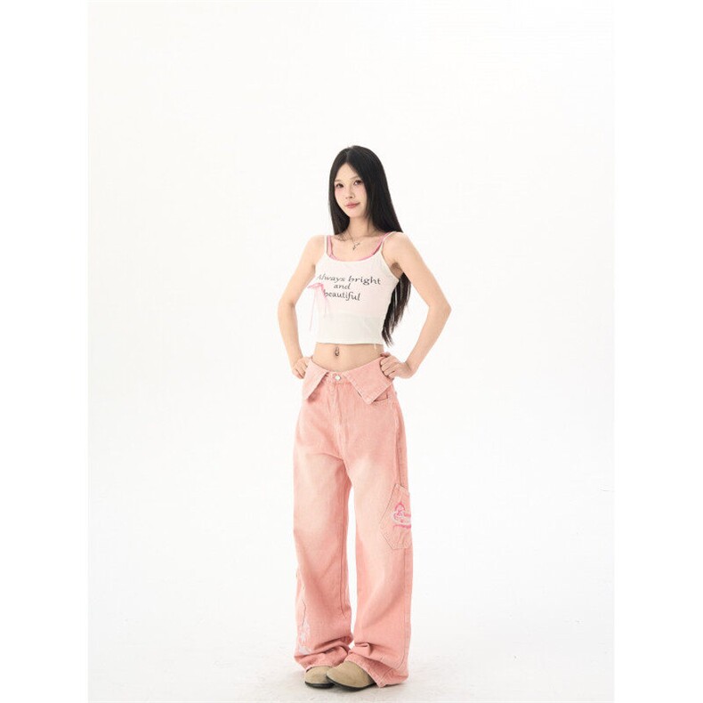 7951-P62多巴胺甜酷辣妹美式高腰显瘦阔腿牛仔拖地裤粉色,女装休闲裤,电商A306A
