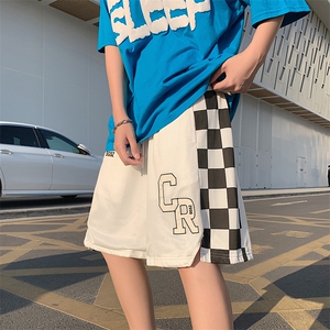 棋盘格拼接短裤抽绳运动裤情侣夏季五分裤宽松休闲男女DK017-P28图片