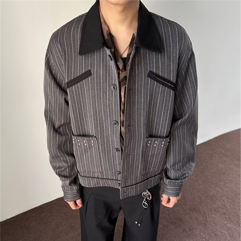 JK23-P672025高级感小香风外套男秋季新款条纹短款开衫设计感,男装T恤,电商B323A