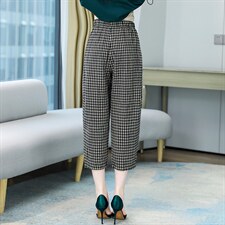 2021年夏季新款千年格休闲棉麻松紧腰裤子，女装婚纱/旗袍/礼服，蓝诺裳