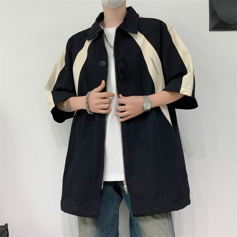 夏男短袖衬衫拼色工装拉链织带字母印花衬衣CS5008P43,男装衬衫,星座1013-1