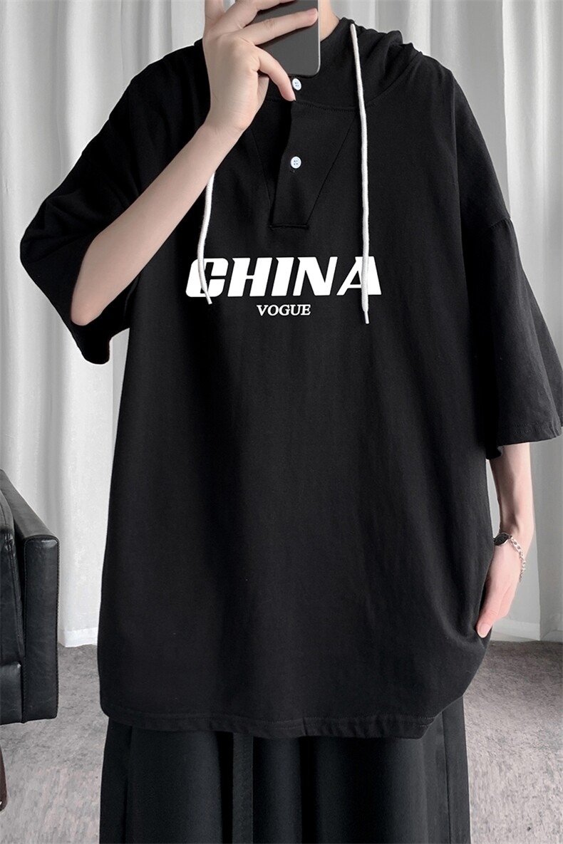 LD54001-P45连帽短袖t恤男大码胖子带帽五分袖中袖,男装T恤,电商A040