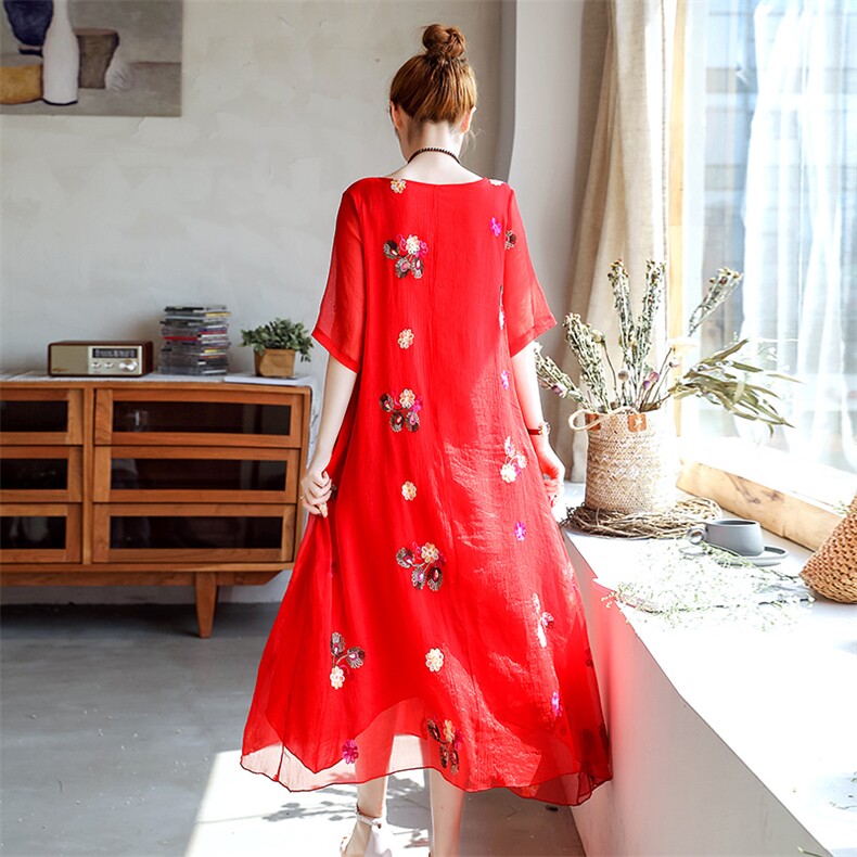 舒适纯色2022年夏季时尚印花简约百搭个性五分袖中长款,女装连衣裙,韩宇舍