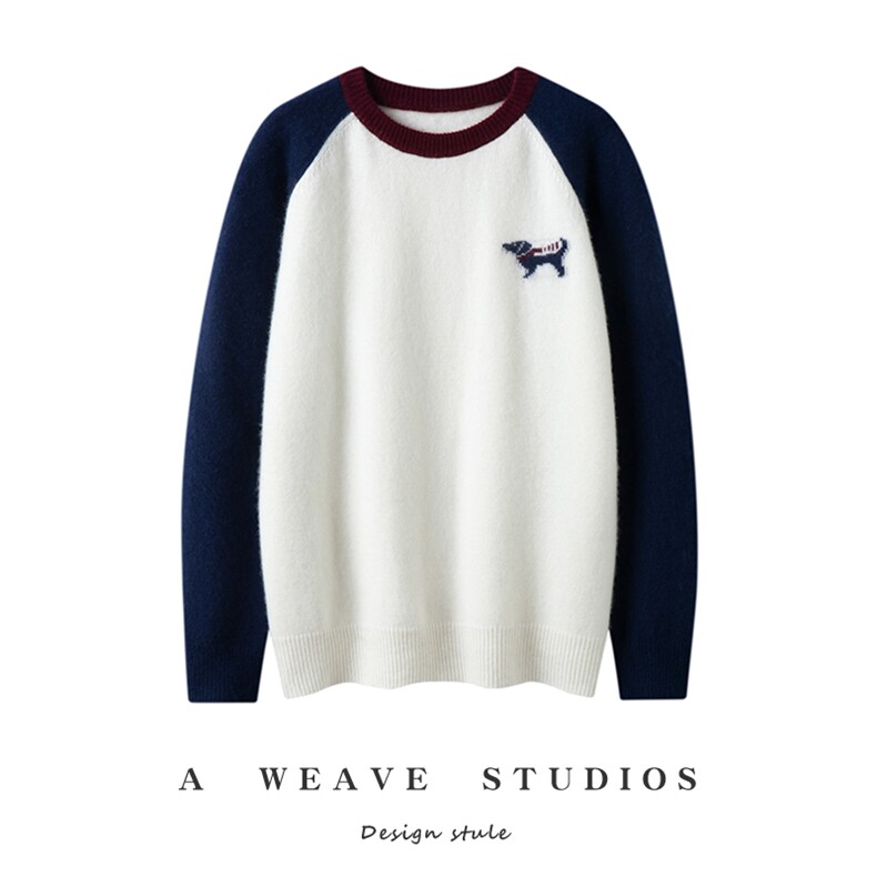 秋冬新款撞色小狗刺绣圆领插肩袖保暖羊绒衫女宽松显瘦打底针织衫，女装针织衫/毛衣，兴泰羊绒