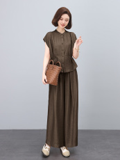 高端棉麻套装女夏季新款大码妈妈洋气质减龄上衣阔腿裤亚麻两件套，女装套装/套裙，雪樱依海