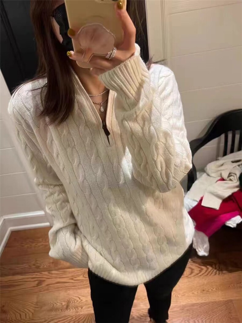 秋季新款舒适显瘦时尚百搭麻花半拉链针织衫，女装羊毛衫，恒恩羊绒