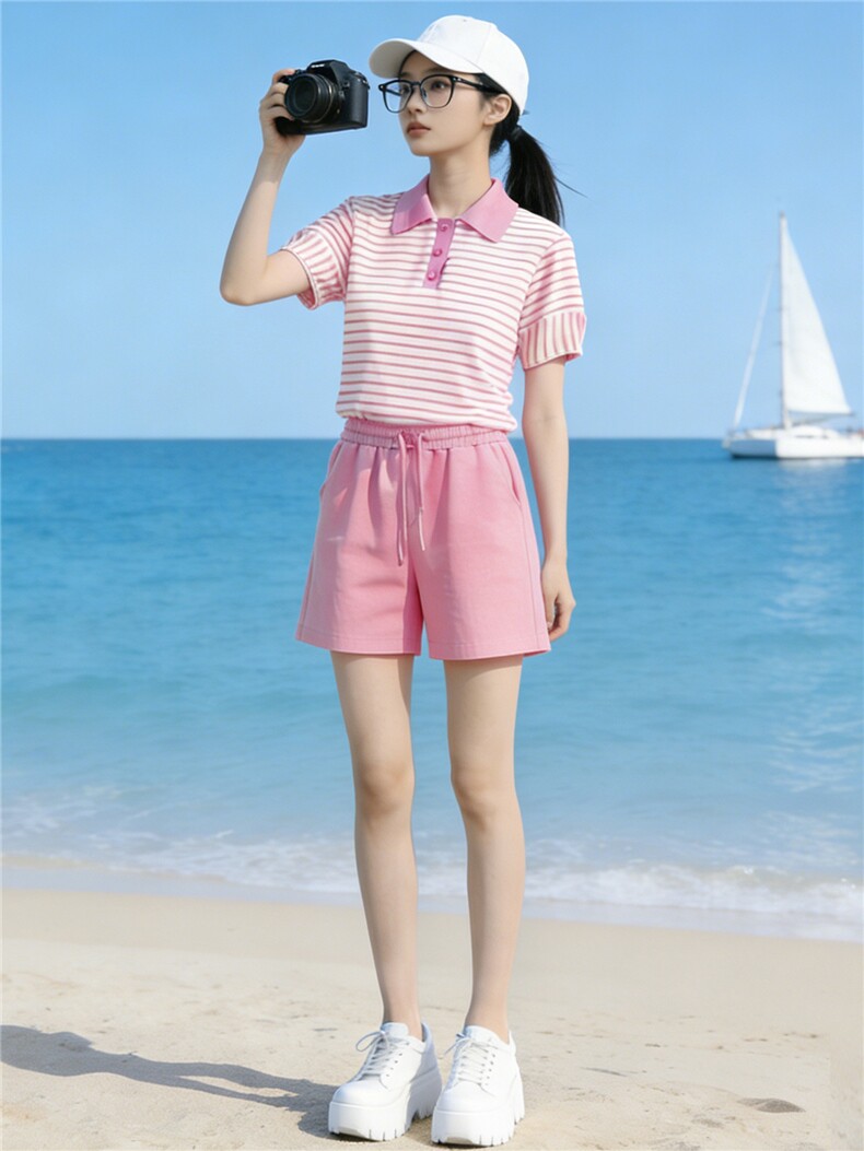韩版运动休闲套装女夏季新款时髦减龄条纹Polo领上衣阔腿裤两件套,女装套装/套裙,江南