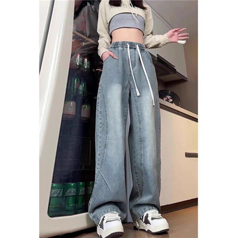蓝色水洗弯刀牛仔裤男女秋季松紧腰抽绳工装裤裤子宽松直筒微喇裤,男装牛仔裤,星座215-1