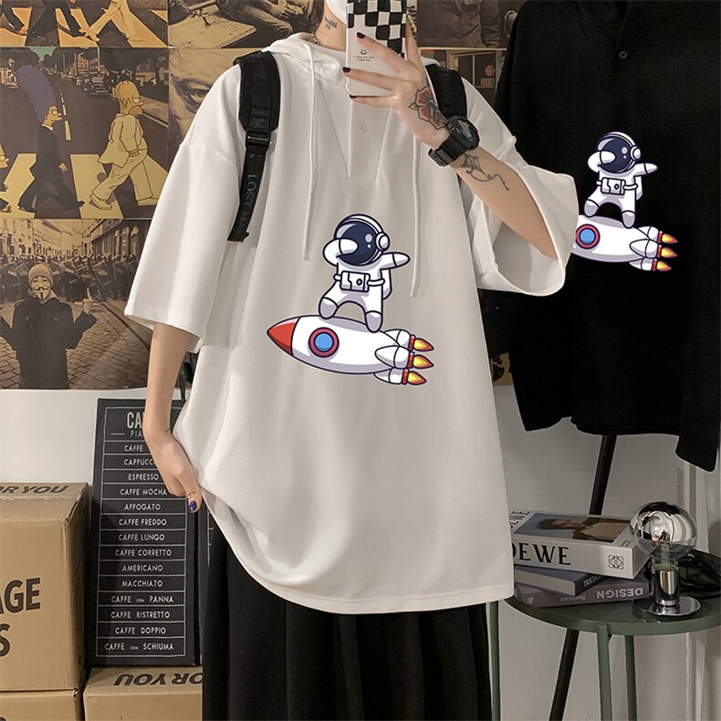 LD54158-P45 NASA连帽短袖t恤男大码胖子带帽五分袖中袖图片