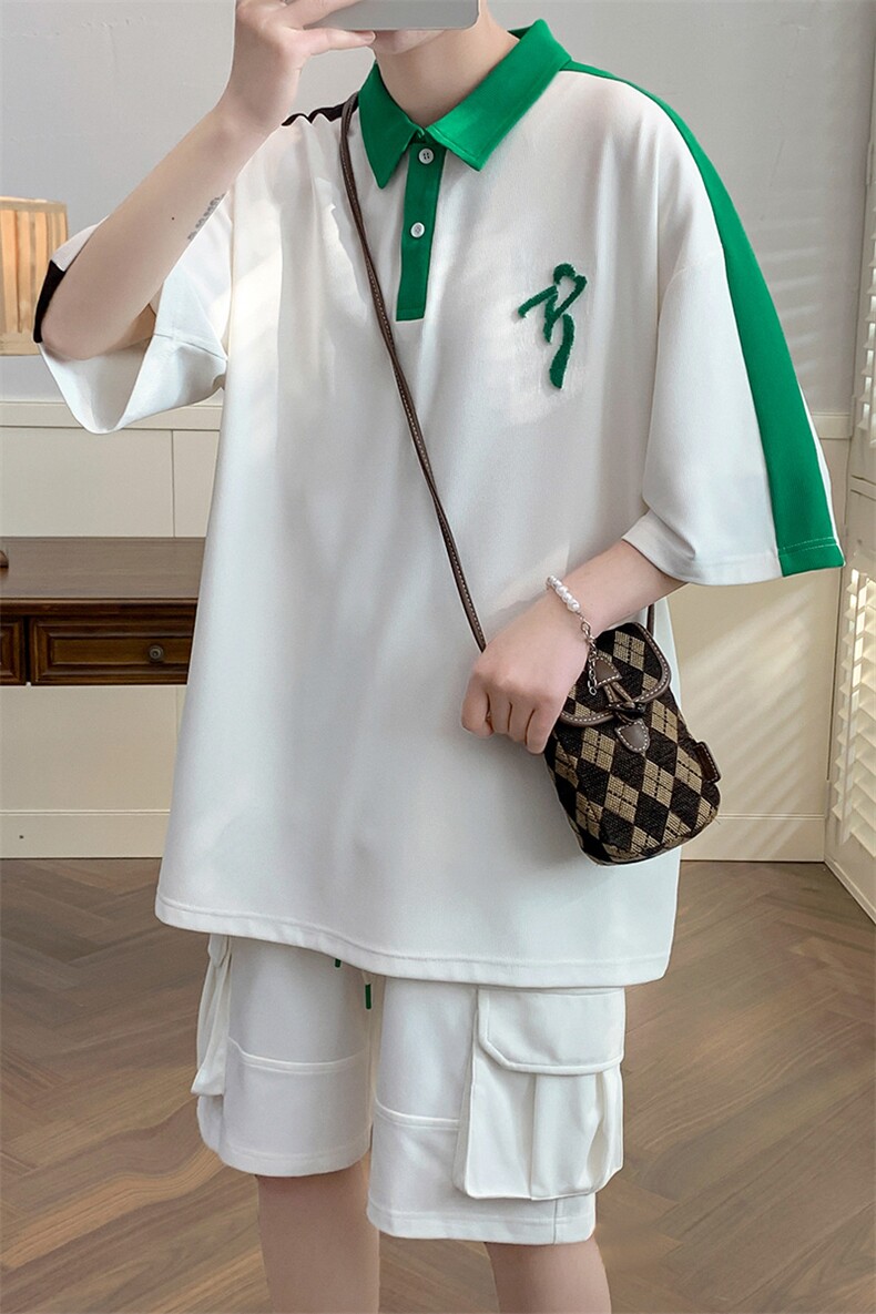 2023夏装潮简约纯色Polo衫拼接运动短袖套装男女6626-P65控价88,男装Polo衫,电商A441-1