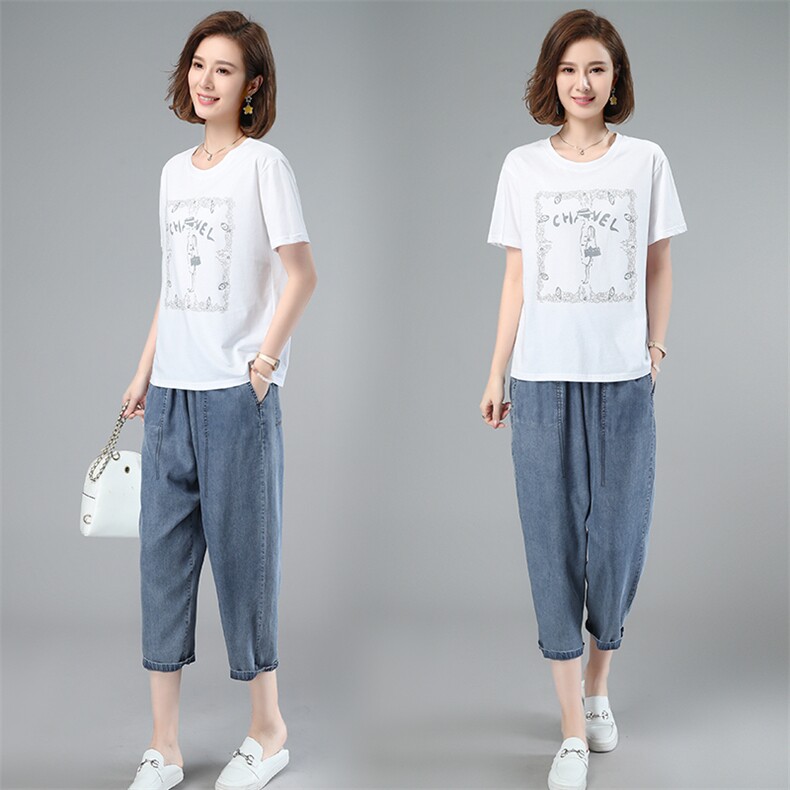 2023夏季新款简约时尚圆领印花T恤+休闲牛仔裤两件套,女装套装/套裙,独衣靓