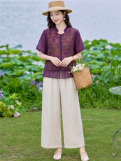 现货2026年夏季新款中式时尚两件套装女小衬衫加马甲天丝麻阔腿裤，女装套装/套裙，璐依舞