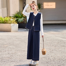 牛仔套装女2025开春新款高级感超火小香风休闲减龄马甲阔腿裤穿搭，女装套装/套裙，艾瑞儿