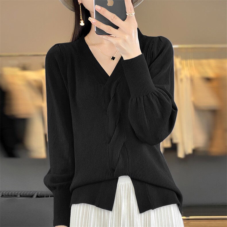 新款女毛衣打底衫宽松显瘦针织衫V领扭花百搭长袖,针织衫/毛衣,佳绒包芯纱店