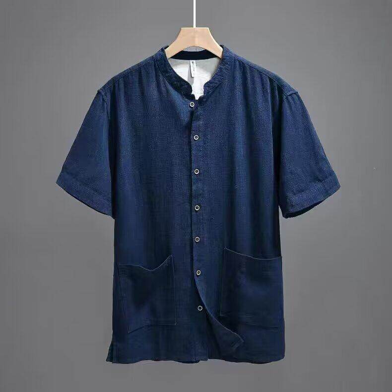 简麻品质男装夏纯色苎麻休闲薄款棉麻立领短袖衬衫短袖LS2001P38,男装T恤,星座1013-1