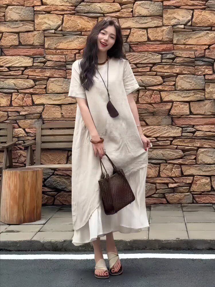 2025时尚汉麻拼接连衣裙，女装连衣裙，湘姗