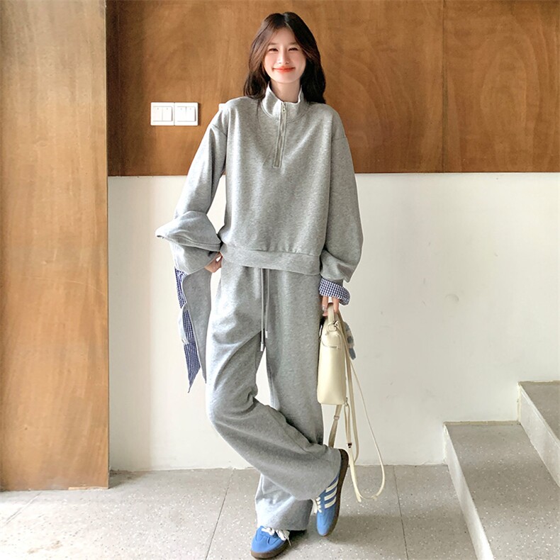可拆卸连帽卫衣套装女2025春秋新款韩系小个子格子拼接卫裤两件套,女装套装/套裙,2C317A