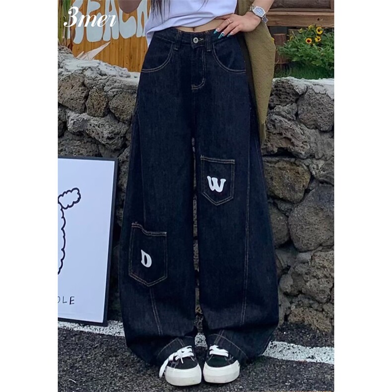 原色口袋字母弯刀牛仔裤男女款多口袋宽松休闲垂感阔腿裤 NH8048图片