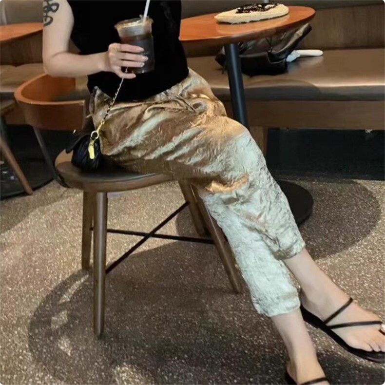 25春夏新款醋酸缎面欧货高端洋气时尚九分哈伦裤显瘦褶皱提花薄款,女装休闲裤,佳绒高端店