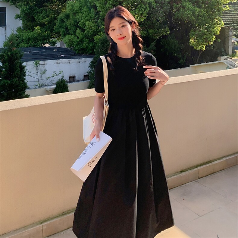 黑色收腰短袖t恤裙女2024夏季新款法式赫本风拼接气质休闲连衣裙,女装连衣裙,2C016
