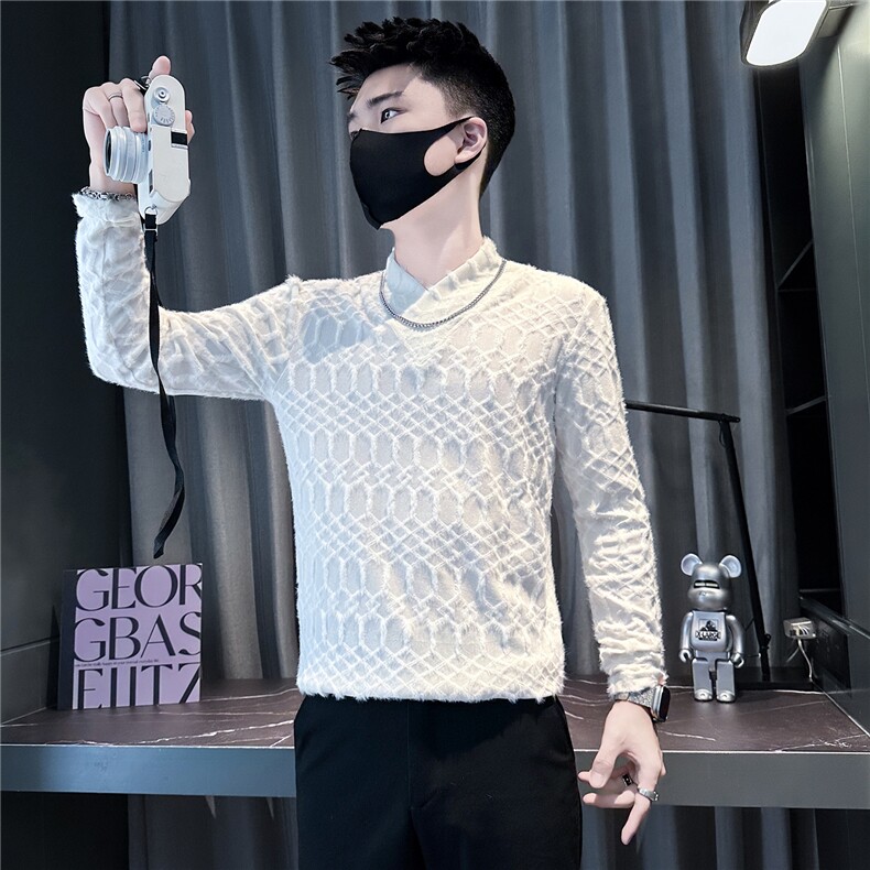 肌理感面料个性v领长袖体恤社会小伙店主风301C-CT06-P58控78,男装T恤,星座301C（原B323）