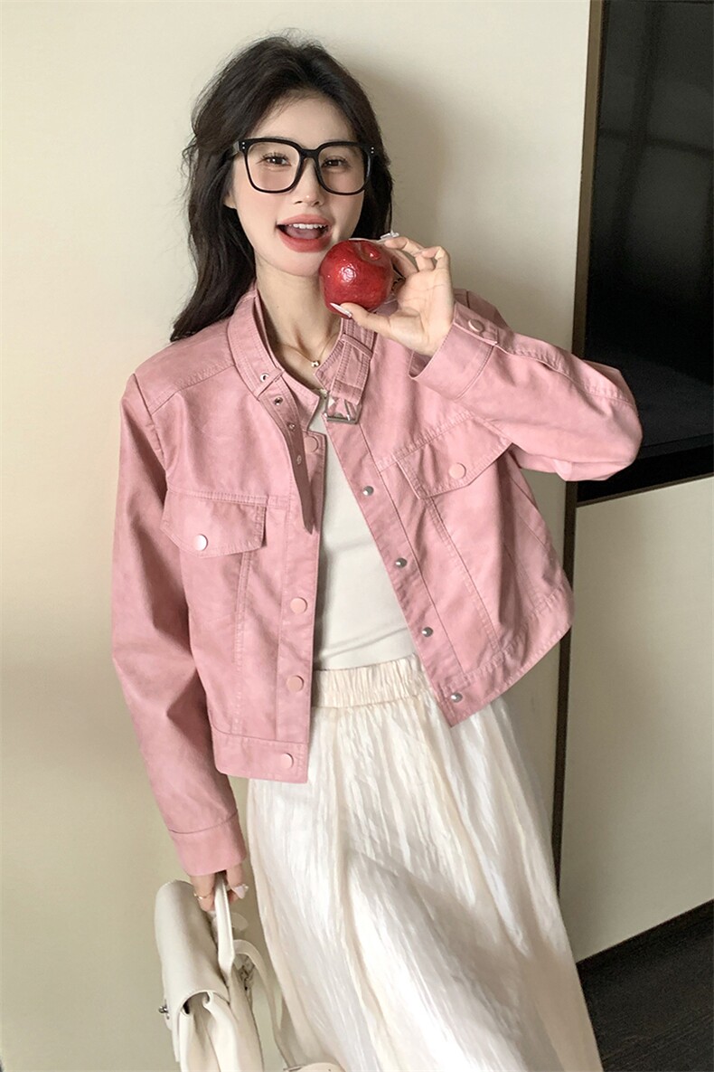 美拉德咖色皮衣短外套女春秋2025新款复古立领机车服休闲夹克上衣,女装皮衣,唛多