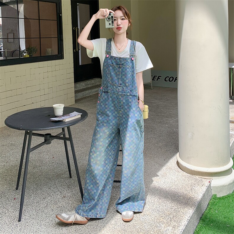 韩版格子蓝色牛仔韩系减龄背带裤女2025夏季新款甜系小个子连体裤,女装套装/套裙,2D078