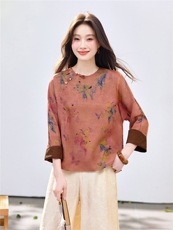 长期现货2026新中式印花上衣女夏季薄款透气中袖衬衫中年妈妈宽松，女装衬衫，璐依舞