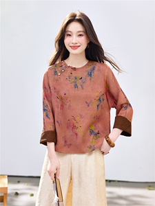 长期现货2026新中式印花上衣女夏季薄款透气中袖衬衫中年妈妈宽松图片