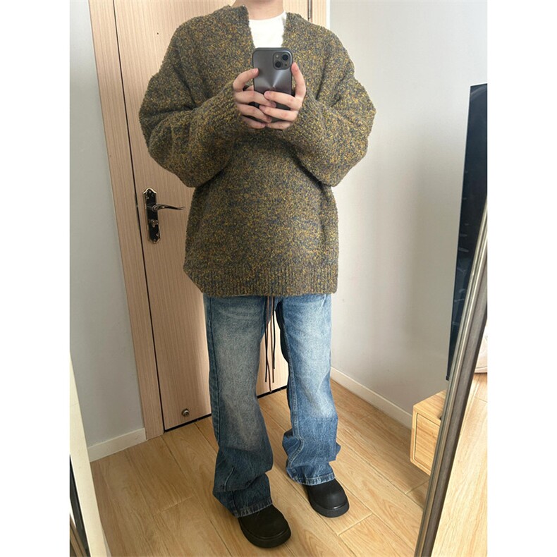 冬季复古百搭慵懒宽松大版型圣诞苔藓绿V领落肩毛衣男MY299,男装针织衫/毛衣,星座1116A（原606A-3）