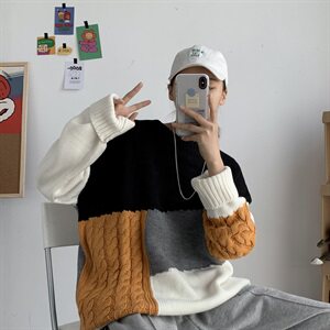 秋冬韩版慵懒风拼接情侣毛衣宽松潮流套头ins个性针织衫T812-P75图片