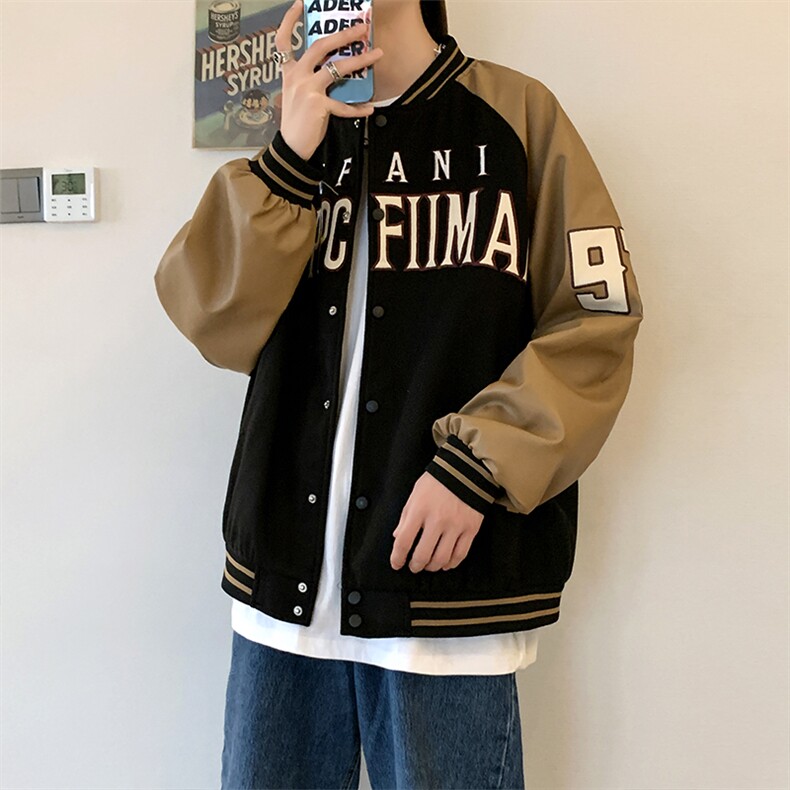 pu皮拼接棒球服男2023秋季潮牌字母夹克美复古休闲外套W3127-P51,男装夹克,星座412-3