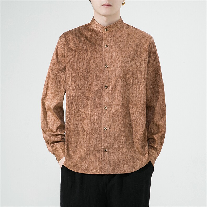 高品质春夏新品风特性能纱香云纱龟裂纹长袖立领休闲衬衫 P75图片